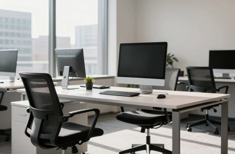 A modern, sunlit North American office space with a clean desk, a designer chair, and high-end tech, representing a premium professional environment.