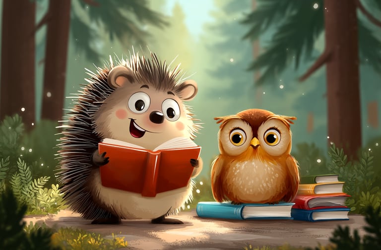 Tumbleberry hedgehog reading a book with his owl friend in a forest