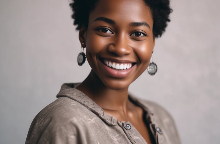 A friendly customer service representative smiling while wearing a headset in a cozy office.