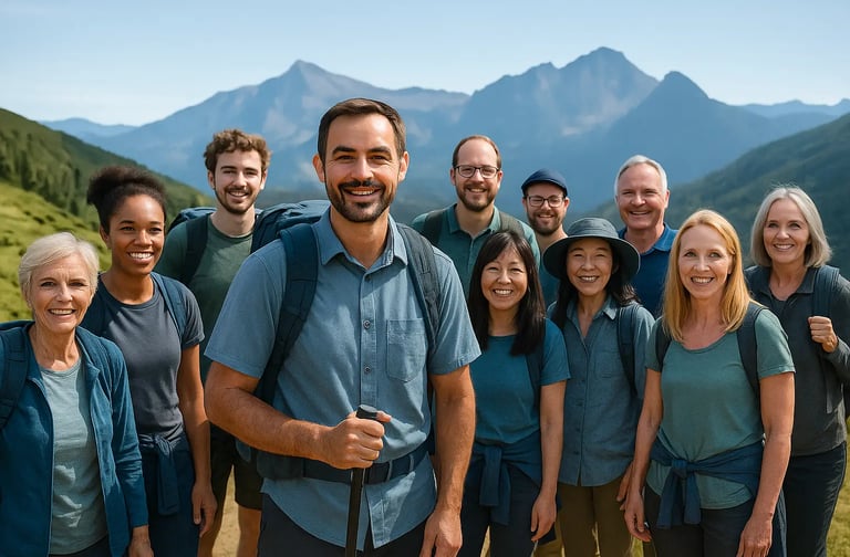 groupe de voyageurs souriants en montagne pendant les vacances