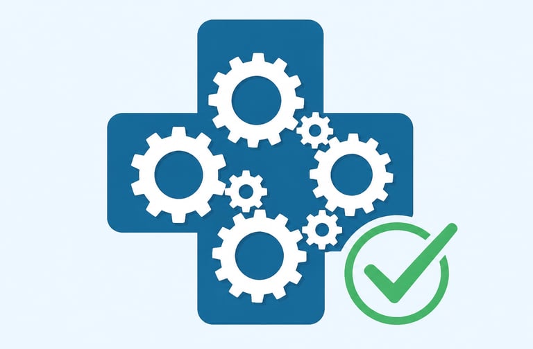 A series of white gears working inside a medical cross icon with a green checkmark indicating excell