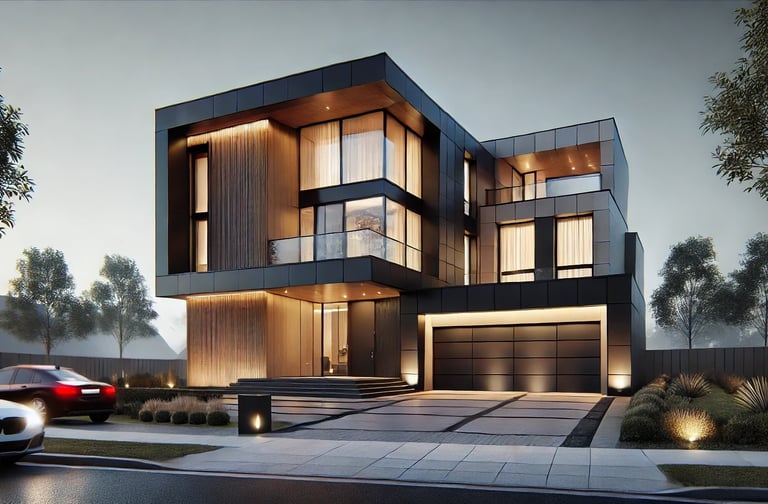 Fachada moderna de residência de luxo com design arquitetônico contemporâneo, grandes janelas de vid