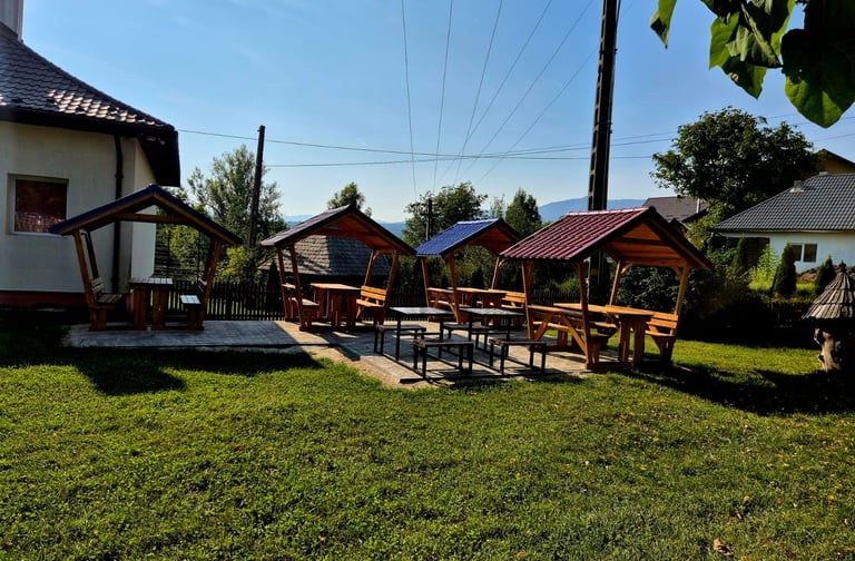 mese cu bănci și acoperiș imagine 2