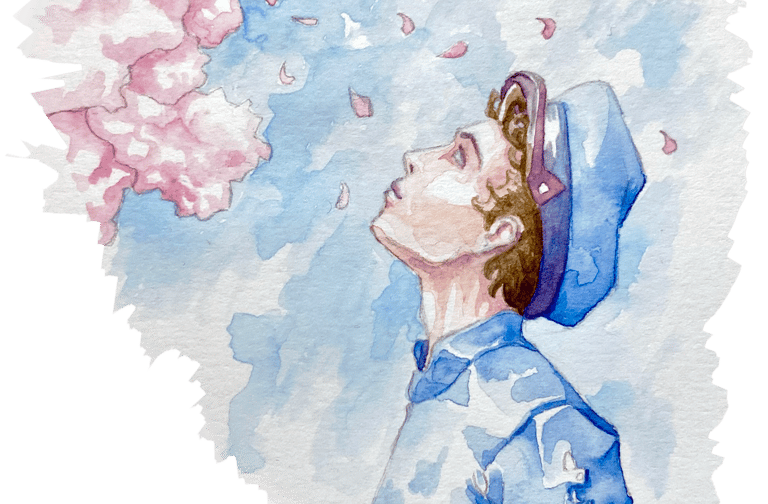 Illustration of a young man in blue at a profile looking up at cherry blossom