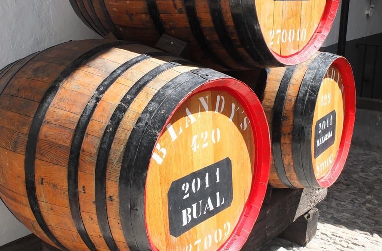 Stacked barrels of Madeira wine