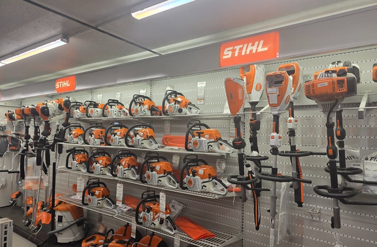 display of Stihl gas and battery operated power equipment