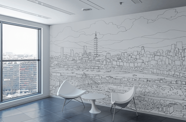 Panoramic cityscape mural featuring Taipei skyline with Taipei 101, by Gene Bond