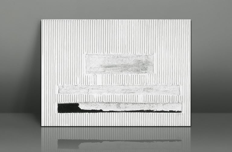 Minimalist white textured wall art with vertical lines and abstract geometric grey and black blocks.