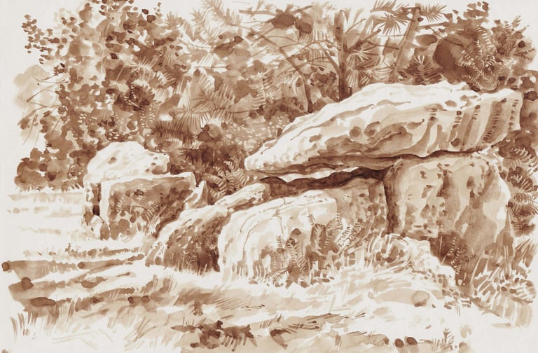 Dessin au lavis de brou de noix, paysage de Bretagne. 