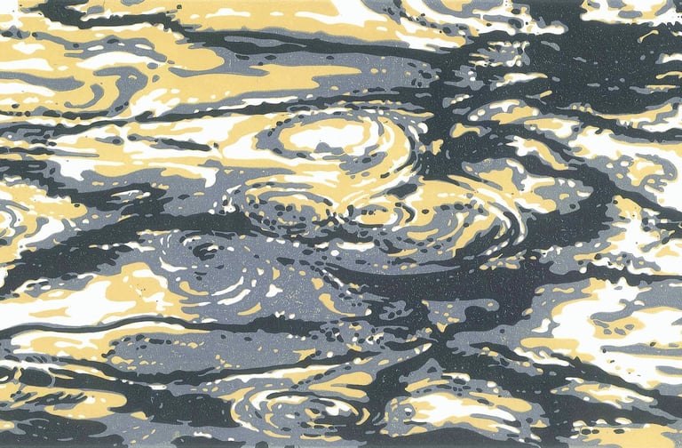 Linogravure couleur représentant des ondulations dans une flaque d’eau.