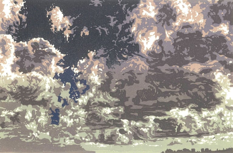 Linogravure couleur représentant ciel et nuages.