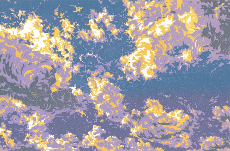 Linogravure couleur représentant ciel et nuages.