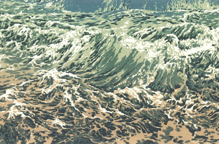 Linogravure, estampe originale,  représentant des vagues.