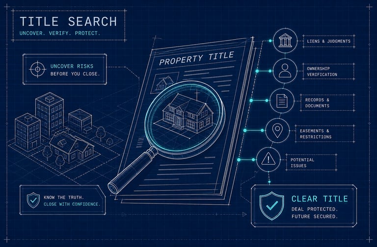 A blue digital property title search infographic showing real estate verification icons and a magnifying glass over house