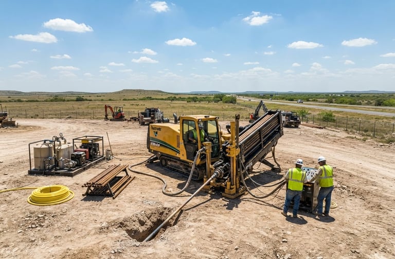 Wide-angle environmental shot of a horizontal directional drilling rig operating in bright Texas daylight on a clean utility construction site, 35mm.