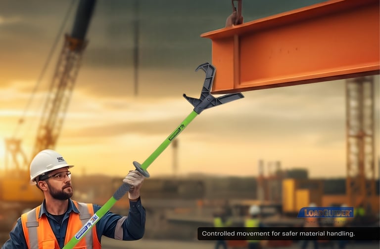 Hands-free lifting safety website design for PSC LoadGuider push pull stick with blue footer and cle