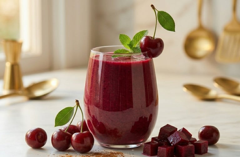 Healthy red cherry and beet smoothie in a glass with fresh mint garnish on a kitchen counter.