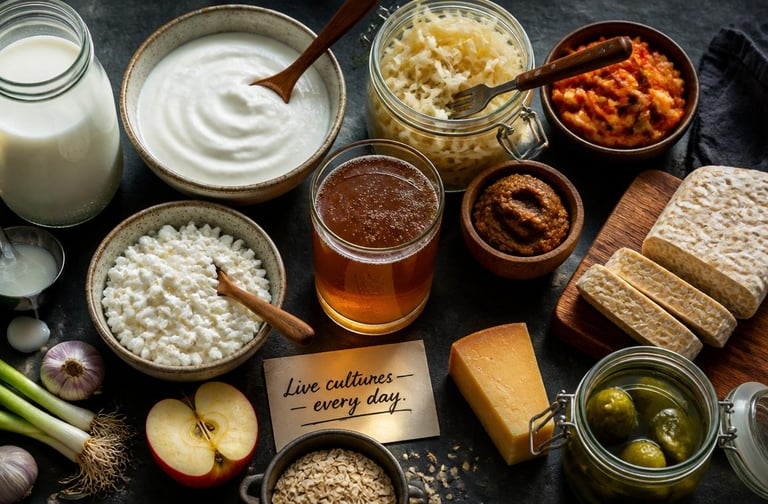 A variety of probiotic-rich fermented foods like yogurt, kefir, kombucha, sauerkraut, and tempeh.
