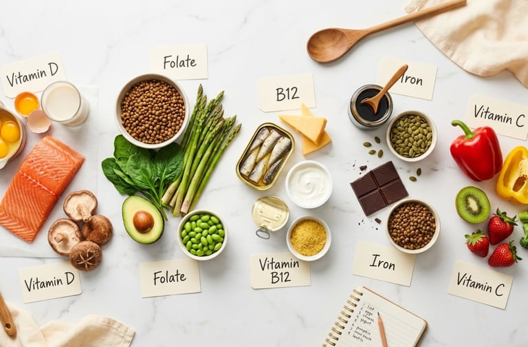 Flat lay of healthy foods for essential vitamins like D, C, B12, folate, and iron on a white marble background.