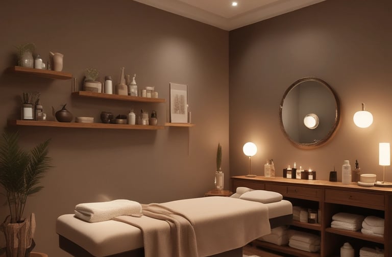 A cozy skincare studio corner with warm neutral tones and soft lighting.