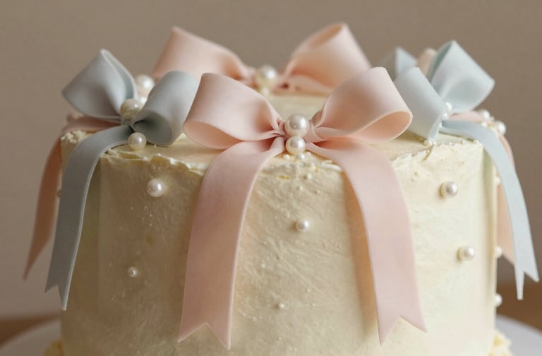 A refined baptism cake decorated with soft pastel sugar ribbons and edible pearls, warm taupe background, soft focus.