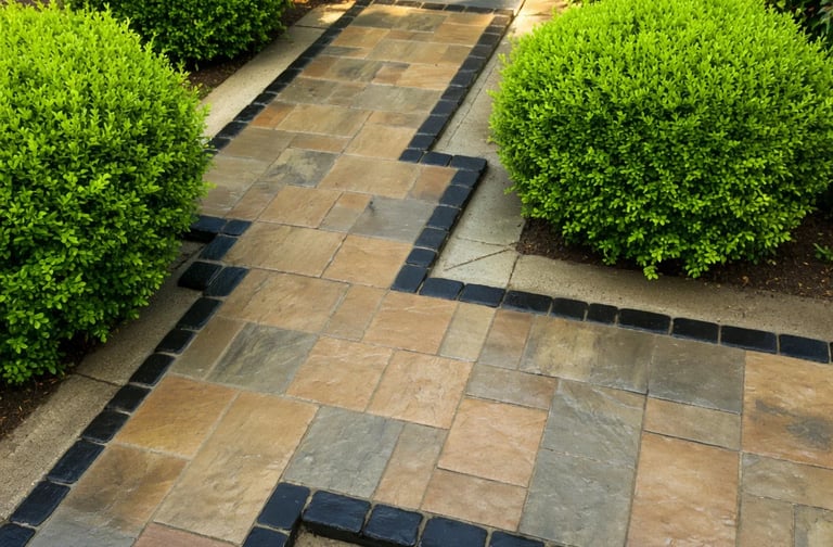 Trottoirde dalles et pavé avec bordure noire et buissons bien taillés par M2 Paysage