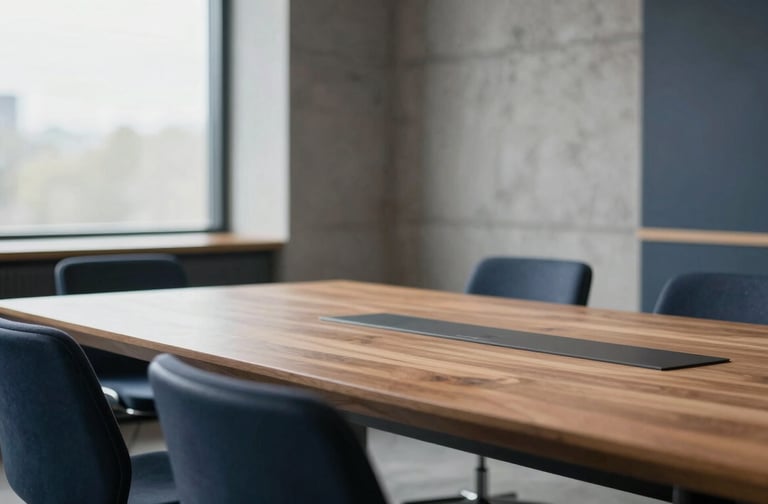 Modern corporate boardroom with concrete and wood details, soft natural light, shallow depth of field, professional editorial style.
