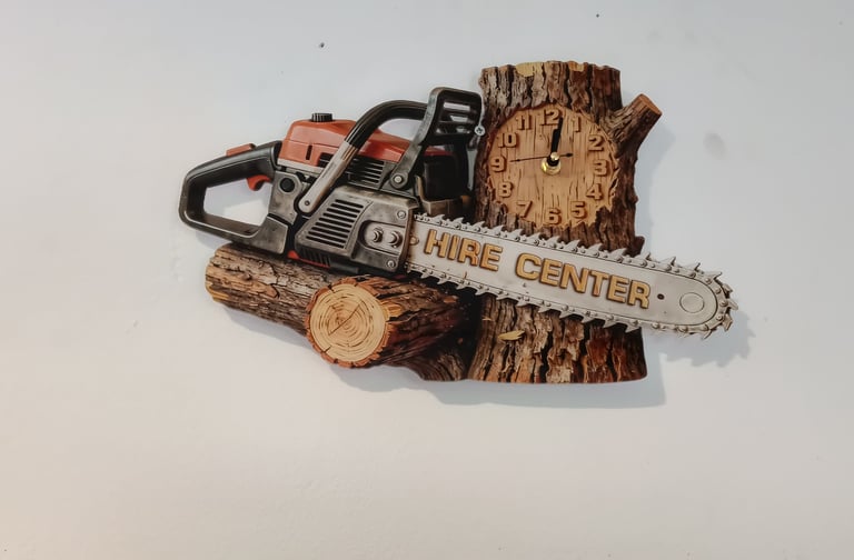 Rustic wall clock featuring a chainsaw cutting through a log with Hire Center text.