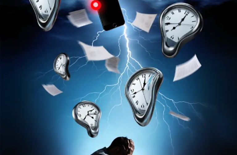 un homme se tiens la tête au dessus des horloges