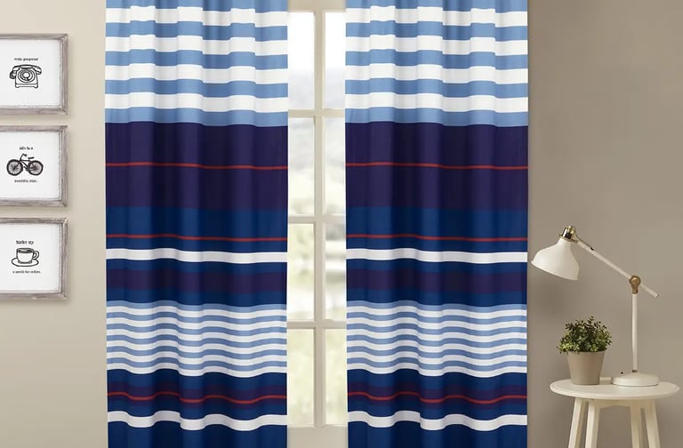 a curtain with a blue and white striped curtain