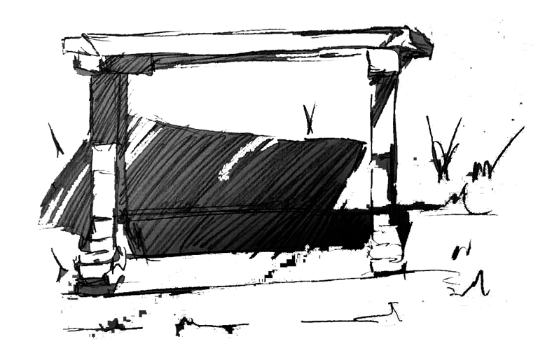 Ilustração de um ponto de ônibus com duas colunas e laje feitas de concreto. 