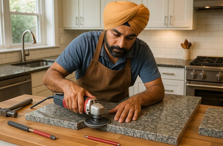 a man in a turban is using a granite cutting machine