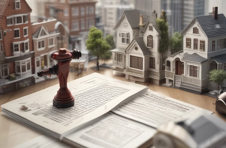 A real estate auction sign displaying the word 'SOLD' in bold red letters. The sign includes images of a home's interior featuring a living room with modern furniture, and it is set against the backdrop of trees and sky.