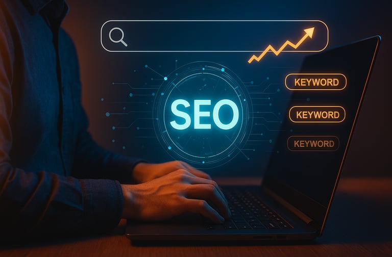 Marketer optimizing SEO with holographic keywords and traffic growth visualization.