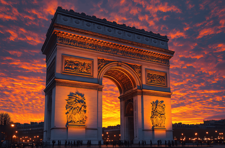 Arc de Triomphe in Paris at sunset, a symbol of France's rich cultural heritage, highlighting study 