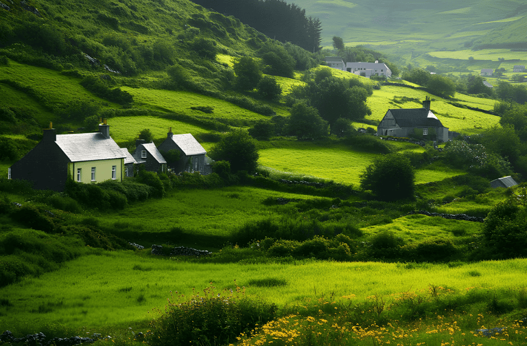 Idyllic Irish landscape with quaint houses and lush greenery, representing the vibrant culture 