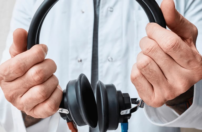 Um homem segurando um fone de exames audiológicos