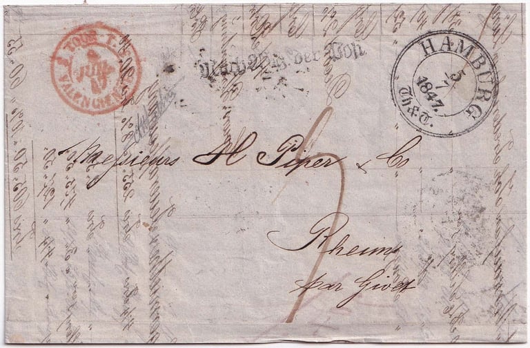 1849, lettre en port dû de HAMBOURG à REIMS.