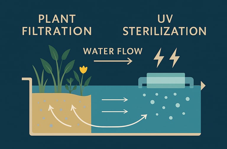 Natural pool filtration diagram with plant zone & UV sterilizer flow system | Aqua Vitae