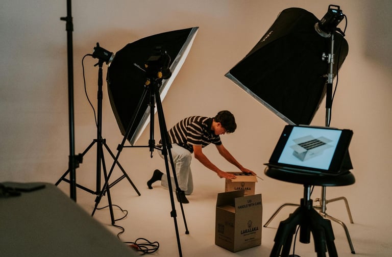 جلسة تصوير منتجات تجارية احترافية في استوديو مجهز بمعدات إضاءة متقدمة.