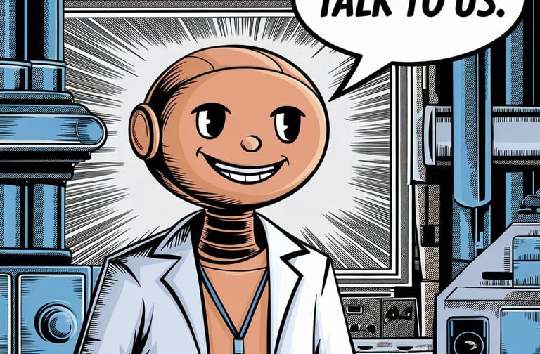 Illustration of a robot with the blurb "talk to us"