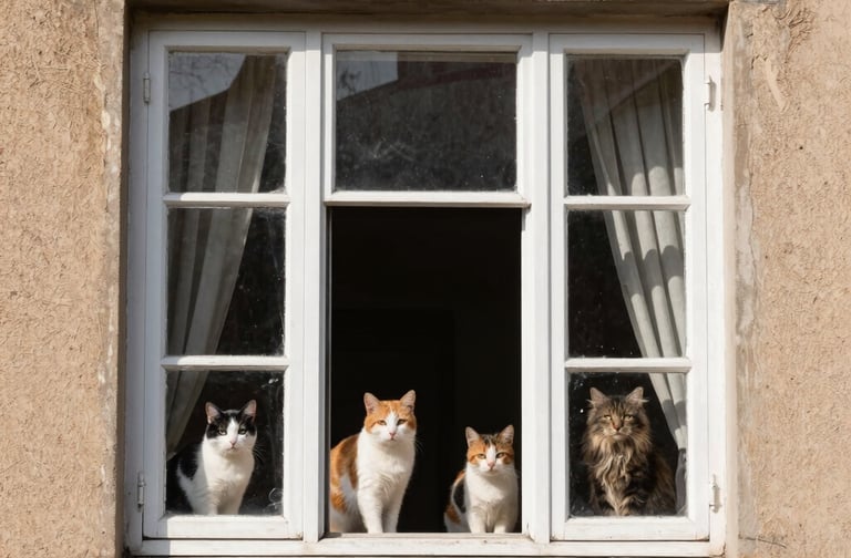 cats sitting in the window of a house