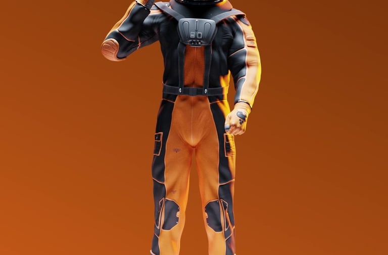 a man in an orange space suit with a helmet on making a salute
