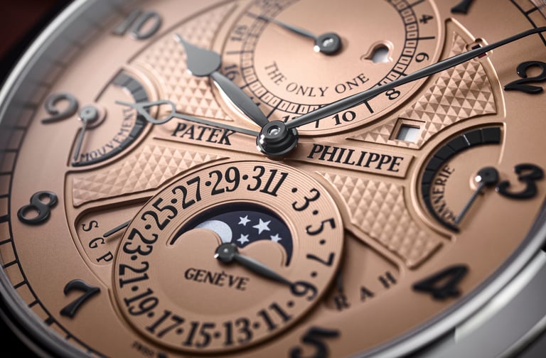 Close-up of Patek Philippe Grandmaster Chime dial showcasing intricate complications.