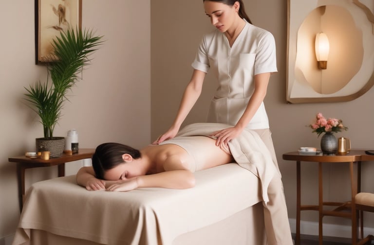 Masajista profesional realizando un masaje relajante de espalda a una mujer en un spa.