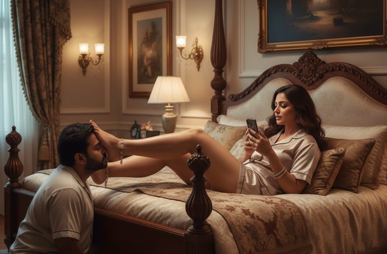 a indian adult girl in bedroom putting their feet on one indian boy and scroll mobile