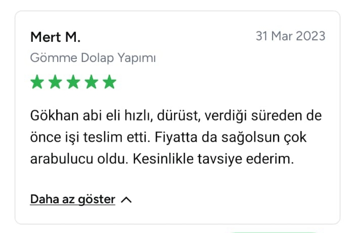 Mert gömme dolabı imalatını hızlı bitirdiği için evaloft yapı dekorasyona teşekkür etti