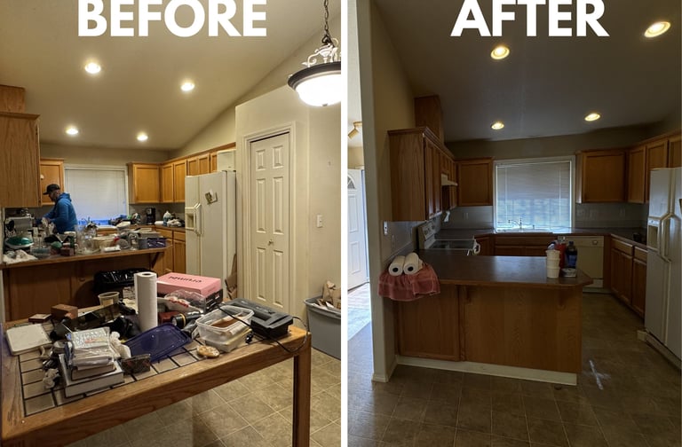 Before and after professional kitchen decluttering and deep cleaning service for home organization.