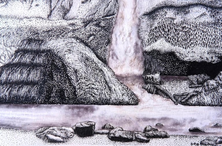 Ink and watercolor artwork of a waterfall surrounded by rocks