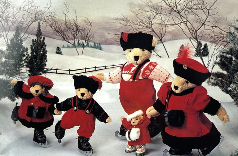 Muffy VanderBear Family teddy bears ice skating dressed in Nordic inspired outfits